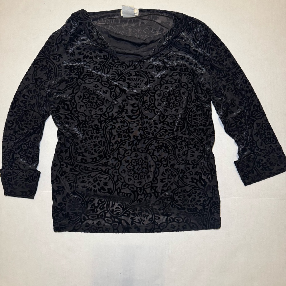 Weatherproof Black Burnout Velvet Blouse Women’s L Sheer Floral Goth Whimsical